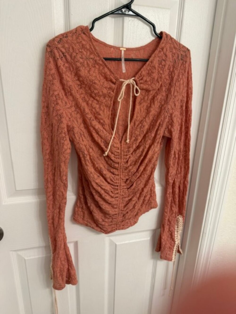 Free People Lilah  Ruched Lace-Texture Coral Tie-Front Top Size L